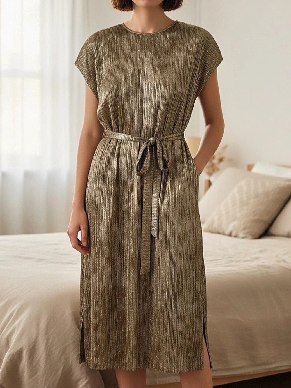 Dress Forum Metallic Pleated Midi Dress in Brown Size Large